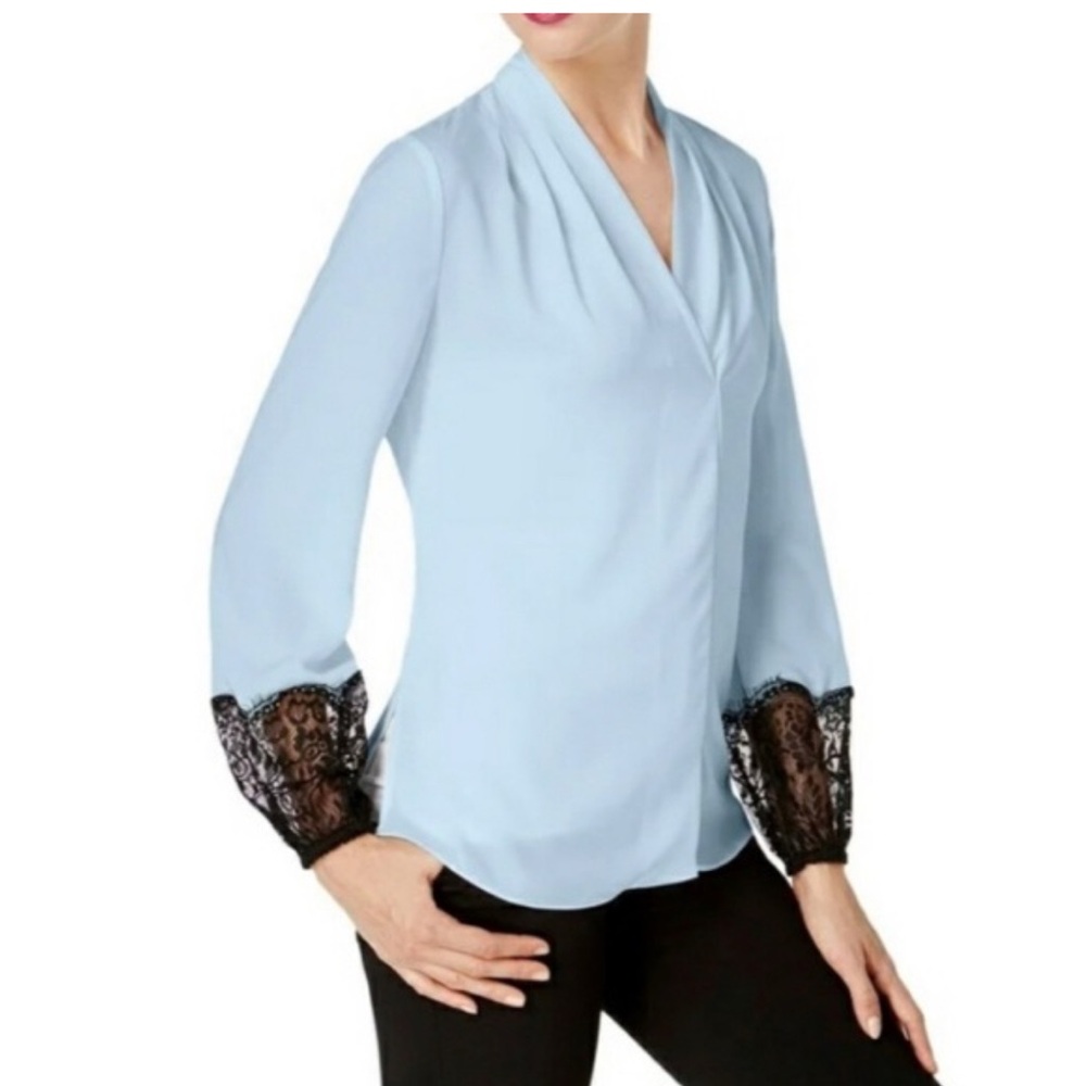 Kobi Carla Women's Blue Long Sleeve Balloon Black Lace Pleated Shift Blouse S #2